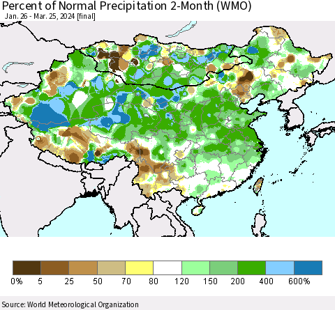 China, Mongolia and Taiwan Percent of Normal Precipitation 2-Month (WMO) Thematic Map For 1/26/2024 - 3/25/2024