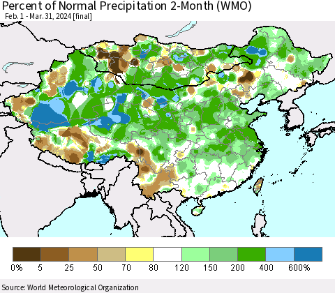 China, Mongolia and Taiwan Percent of Normal Precipitation 2-Month (WMO) Thematic Map For 2/1/2024 - 3/31/2024