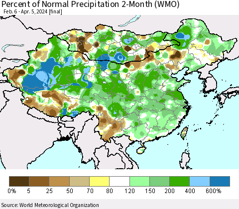 China, Mongolia and Taiwan Percent of Normal Precipitation 2-Month (WMO) Thematic Map For 2/6/2024 - 4/5/2024