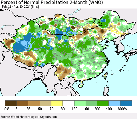 China, Mongolia and Taiwan Percent of Normal Precipitation 2-Month (WMO) Thematic Map For 2/11/2024 - 4/10/2024