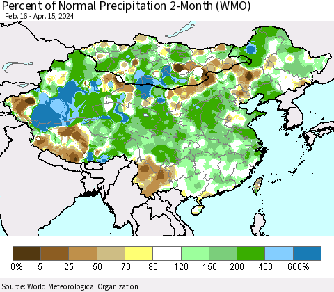 China, Mongolia and Taiwan Percent of Normal Precipitation 2-Month (WMO) Thematic Map For 2/16/2024 - 4/15/2024