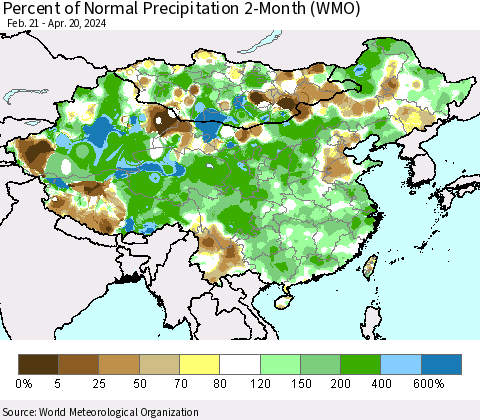 China, Mongolia and Taiwan Percent of Normal Precipitation 2-Month (WMO) Thematic Map For 2/21/2024 - 4/20/2024