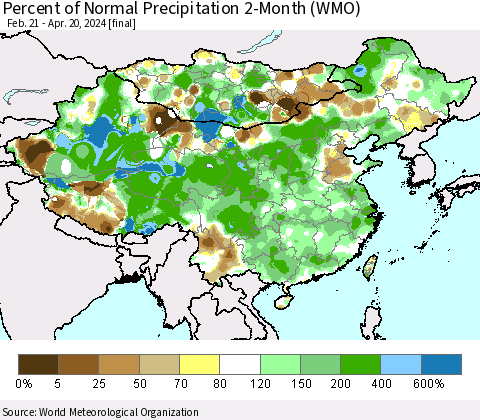China, Mongolia and Taiwan Percent of Normal Precipitation 2-Month (WMO) Thematic Map For 2/21/2024 - 4/20/2024