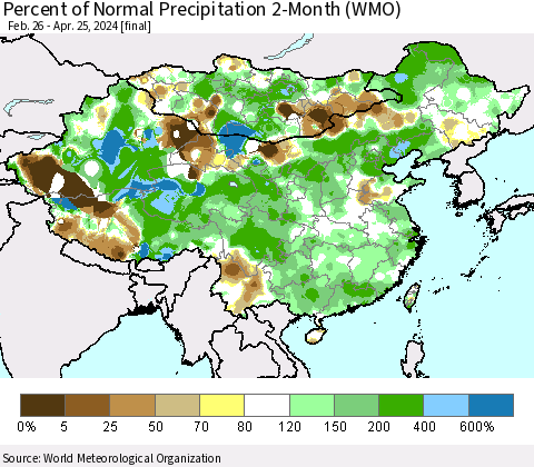 China, Mongolia and Taiwan Percent of Normal Precipitation 2-Month (WMO) Thematic Map For 2/26/2024 - 4/25/2024