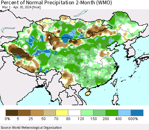 China, Mongolia and Taiwan Percent of Normal Precipitation 2-Month (WMO) Thematic Map For 3/1/2024 - 4/30/2024