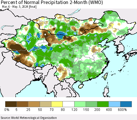 China, Mongolia and Taiwan Percent of Normal Precipitation 2-Month (WMO) Thematic Map For 3/6/2024 - 5/5/2024