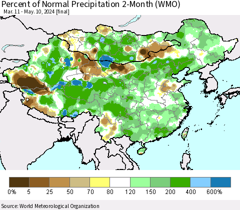 China, Mongolia and Taiwan Percent of Normal Precipitation 2-Month (WMO) Thematic Map For 3/11/2024 - 5/10/2024