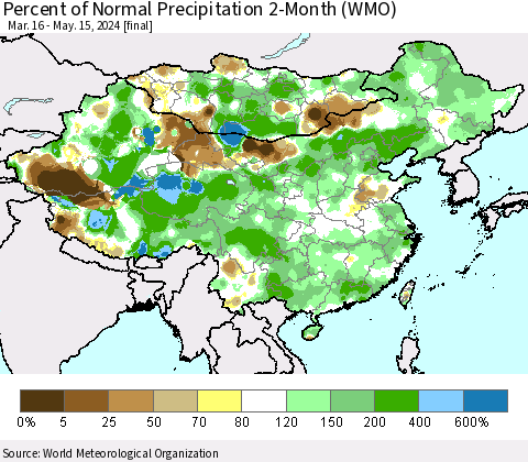 China, Mongolia and Taiwan Percent of Normal Precipitation 2-Month (WMO) Thematic Map For 3/16/2024 - 5/15/2024
