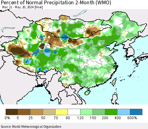 China, Mongolia and Taiwan Percent of Normal Precipitation 2-Month (WMO) Thematic Map For 3/21/2024 - 5/20/2024