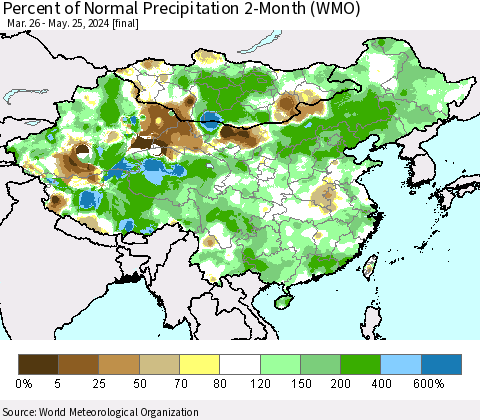 China, Mongolia and Taiwan Percent of Normal Precipitation 2-Month (WMO) Thematic Map For 3/26/2024 - 5/25/2024