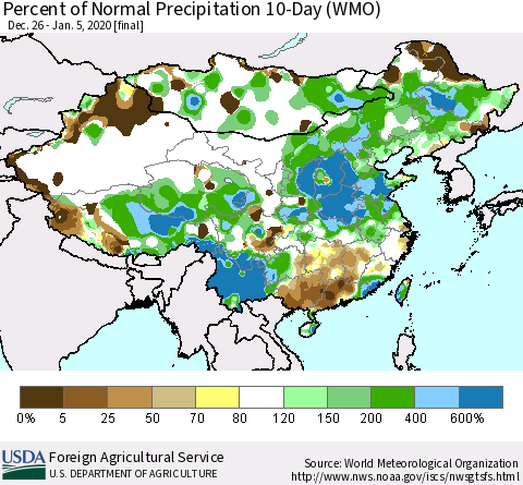 China, Mongolia and Taiwan Percent of Normal Precipitation 10-Day (WMO) Thematic Map For 12/26/2019 - 1/5/2020