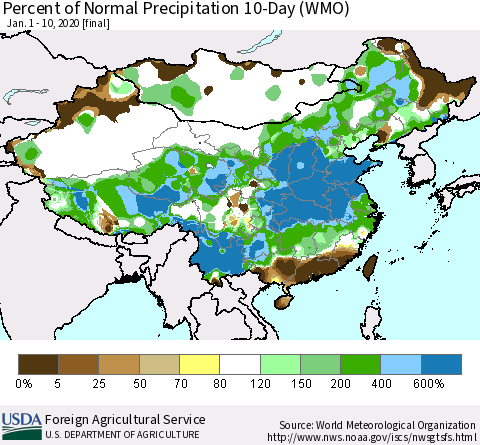 China, Mongolia and Taiwan Percent of Normal Precipitation 10-Day (WMO) Thematic Map For 1/1/2020 - 1/10/2020