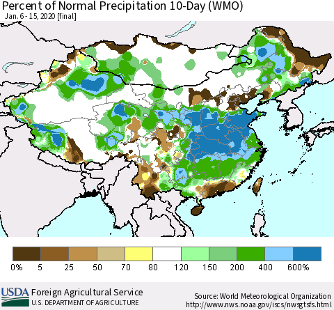 China, Mongolia and Taiwan Percent of Normal Precipitation 10-Day (WMO) Thematic Map For 1/6/2020 - 1/15/2020