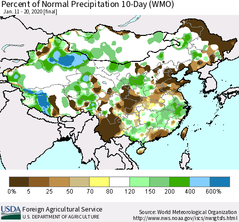 China, Mongolia and Taiwan Percent of Normal Precipitation 10-Day (WMO) Thematic Map For 1/11/2020 - 1/20/2020