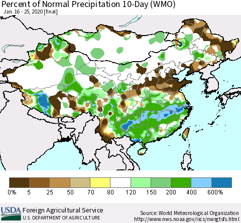 China, Mongolia and Taiwan Percent of Normal Precipitation 10-Day (WMO) Thematic Map For 1/16/2020 - 1/25/2020