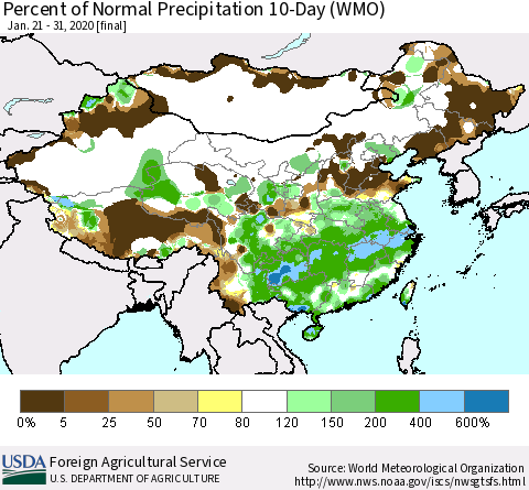 China, Mongolia and Taiwan Percent of Normal Precipitation 10-Day (WMO) Thematic Map For 1/21/2020 - 1/31/2020