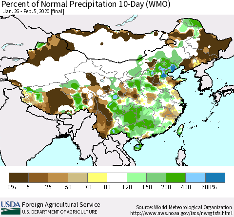 China, Mongolia and Taiwan Percent of Normal Precipitation 10-Day (WMO) Thematic Map For 1/26/2020 - 2/5/2020