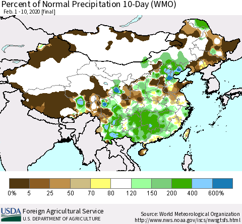 China, Mongolia and Taiwan Percent of Normal Precipitation 10-Day (WMO) Thematic Map For 2/1/2020 - 2/10/2020