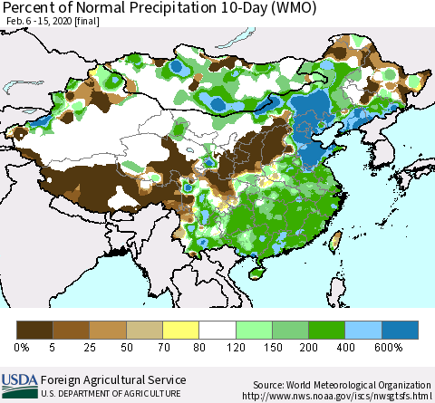 China, Mongolia and Taiwan Percent of Normal Precipitation 10-Day (WMO) Thematic Map For 2/6/2020 - 2/15/2020