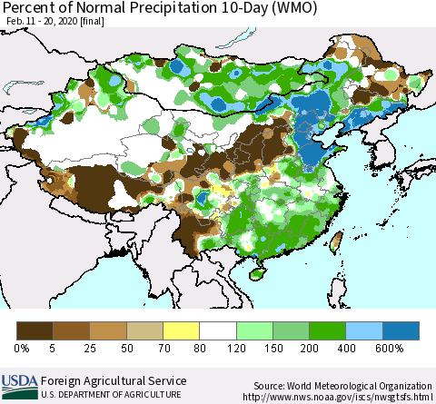 China, Mongolia and Taiwan Percent of Normal Precipitation 10-Day (WMO) Thematic Map For 2/11/2020 - 2/20/2020