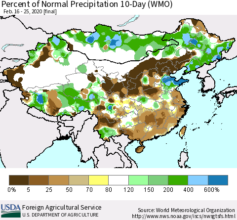China, Mongolia and Taiwan Percent of Normal Precipitation 10-Day (WMO) Thematic Map For 2/16/2020 - 2/25/2020