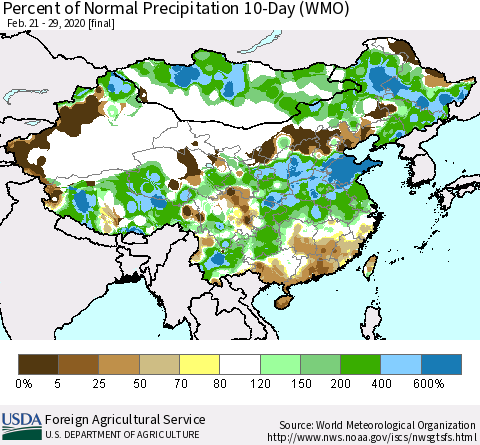 China, Mongolia and Taiwan Percent of Normal Precipitation 10-Day (WMO) Thematic Map For 2/21/2020 - 2/29/2020