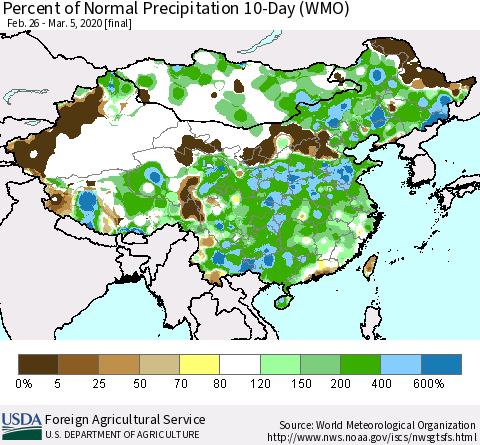 China, Mongolia and Taiwan Percent of Normal Precipitation 10-Day (WMO) Thematic Map For 2/26/2020 - 3/5/2020