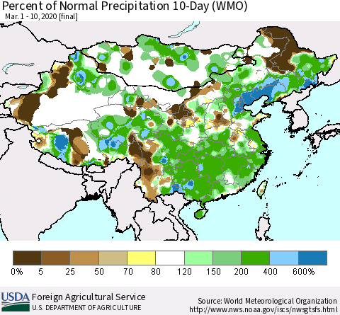 China, Mongolia and Taiwan Percent of Normal Precipitation 10-Day (WMO) Thematic Map For 3/1/2020 - 3/10/2020
