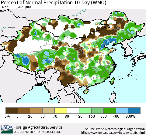 China, Mongolia and Taiwan Percent of Normal Precipitation 10-Day (WMO) Thematic Map For 3/6/2020 - 3/15/2020