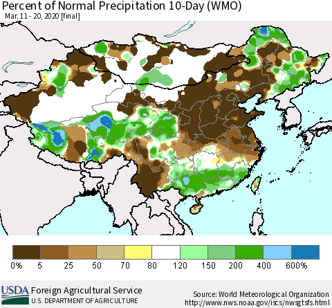China, Mongolia and Taiwan Percent of Normal Precipitation 10-Day (WMO) Thematic Map For 3/11/2020 - 3/20/2020