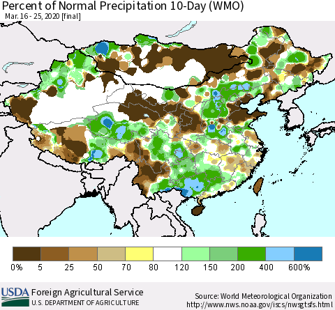 China, Mongolia and Taiwan Percent of Normal Precipitation 10-Day (WMO) Thematic Map For 3/16/2020 - 3/25/2020