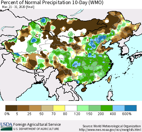 China, Mongolia and Taiwan Percent of Normal Precipitation 10-Day (WMO) Thematic Map For 3/21/2020 - 3/31/2020