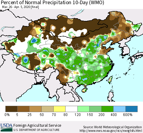 China, Mongolia and Taiwan Percent of Normal Precipitation 10-Day (WMO) Thematic Map For 3/26/2020 - 4/5/2020