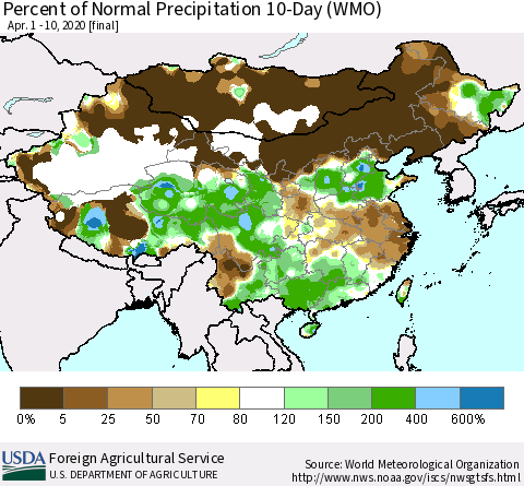 China, Mongolia and Taiwan Percent of Normal Precipitation 10-Day (WMO) Thematic Map For 4/1/2020 - 4/10/2020
