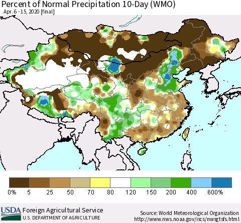 China, Mongolia and Taiwan Percent of Normal Precipitation 10-Day (WMO) Thematic Map For 4/6/2020 - 4/15/2020