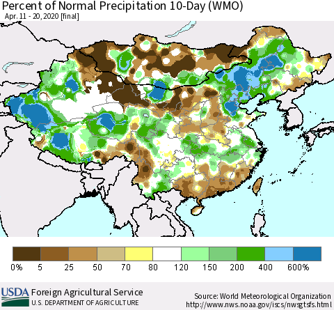 China, Mongolia and Taiwan Percent of Normal Precipitation 10-Day (WMO) Thematic Map For 4/11/2020 - 4/20/2020