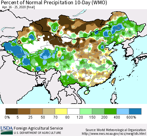 China, Mongolia and Taiwan Percent of Normal Precipitation 10-Day (WMO) Thematic Map For 4/16/2020 - 4/25/2020
