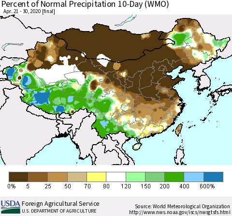 China, Mongolia and Taiwan Percent of Normal Precipitation 10-Day (WMO) Thematic Map For 4/21/2020 - 4/30/2020