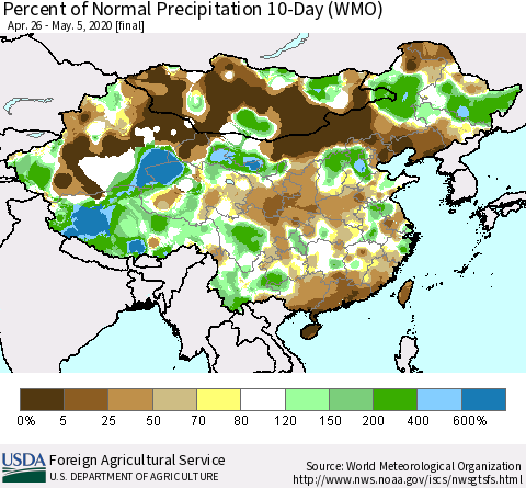 China, Mongolia and Taiwan Percent of Normal Precipitation 10-Day (WMO) Thematic Map For 4/26/2020 - 5/5/2020