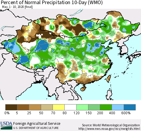 China, Mongolia and Taiwan Percent of Normal Precipitation 10-Day (WMO) Thematic Map For 5/1/2020 - 5/10/2020