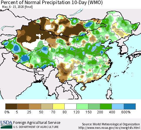 China, Mongolia and Taiwan Percent of Normal Precipitation 10-Day (WMO) Thematic Map For 5/6/2020 - 5/15/2020