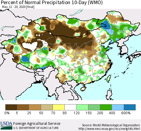 China, Mongolia and Taiwan Percent of Normal Precipitation 10-Day (WMO) Thematic Map For 5/11/2020 - 5/20/2020