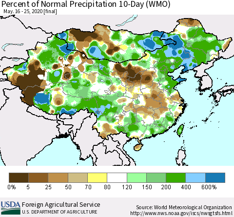 China, Mongolia and Taiwan Percent of Normal Precipitation 10-Day (WMO) Thematic Map For 5/16/2020 - 5/25/2020
