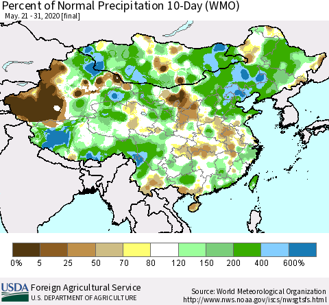 China, Mongolia and Taiwan Percent of Normal Precipitation 10-Day (WMO) Thematic Map For 5/21/2020 - 5/31/2020