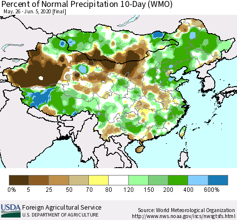 China, Mongolia and Taiwan Percent of Normal Precipitation 10-Day (WMO) Thematic Map For 5/26/2020 - 6/5/2020
