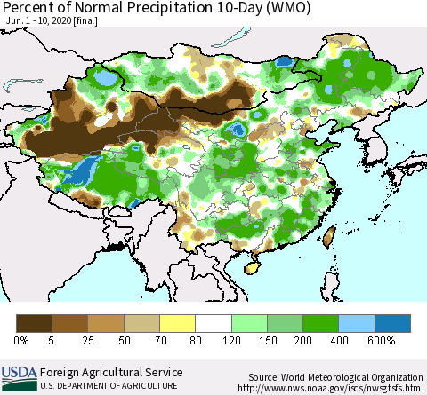 China, Mongolia and Taiwan Percent of Normal Precipitation 10-Day (WMO) Thematic Map For 6/1/2020 - 6/10/2020