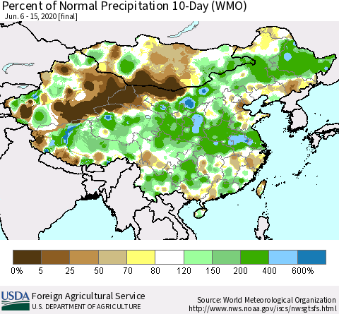 China, Mongolia and Taiwan Percent of Normal Precipitation 10-Day (WMO) Thematic Map For 6/6/2020 - 6/15/2020
