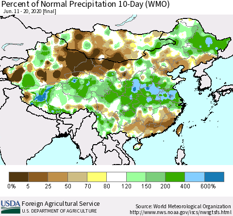 China, Mongolia and Taiwan Percent of Normal Precipitation 10-Day (WMO) Thematic Map For 6/11/2020 - 6/20/2020