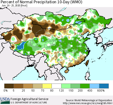 China, Mongolia and Taiwan Percent of Normal Precipitation 10-Day (WMO) Thematic Map For 6/16/2020 - 6/25/2020