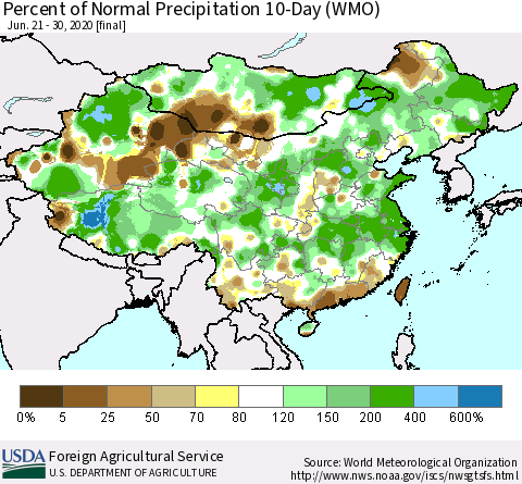 China, Mongolia and Taiwan Percent of Normal Precipitation 10-Day (WMO) Thematic Map For 6/21/2020 - 6/30/2020